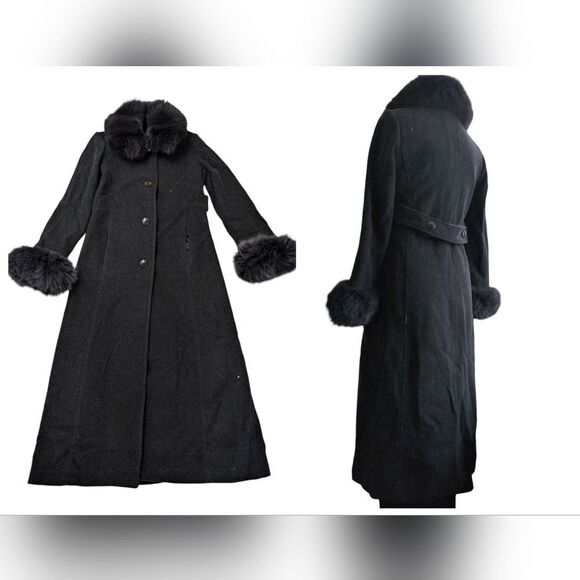 Genuine fox  fur trimmed wool full length Longline coat overcoat size 4 … - Picture 1 of 11